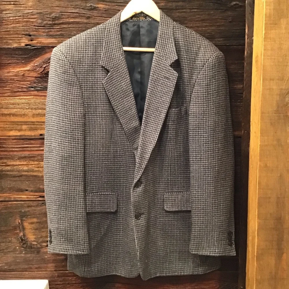 Vintage Houndstooth Silk Blazer Checkered Suit Jacket Plaid Sports Coat 42R - Picture 2 of 16
